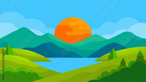 Cartoon landscape with mountains and sun