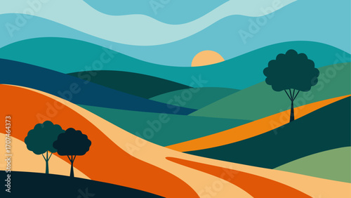 Landscape with hills and trees at sunset