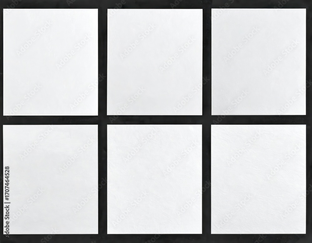 Fototapeta premium Six white square sheets of textured paper are evenly spaced against a dark background, arranged in a two-by-three grid