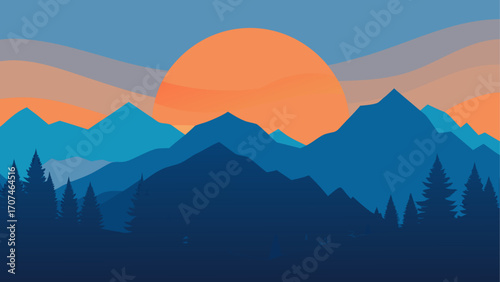 Illustration of mountains and sunset scene