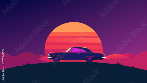 Classic car silhouette against sunset sky