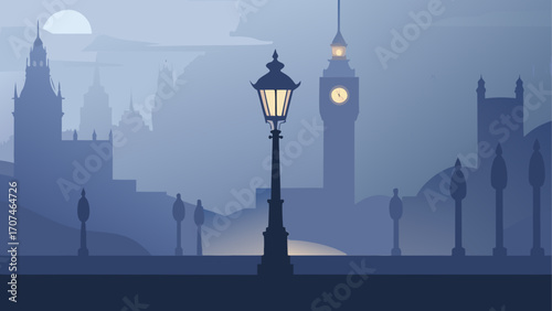 Silhouette of london city with street lamp