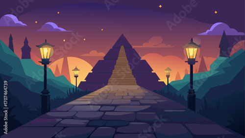 Pathway leading to pyramid at twilight time