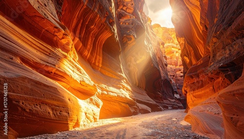 Desert varnish streaks on sunlit canyon wall warm ochres with left side copy space clean geology texture background