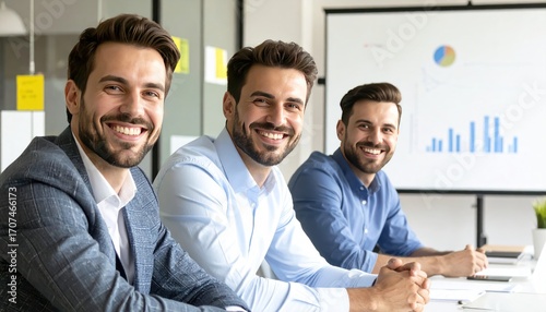 Three smiling, dark-haired men pose at a table in an office, with charts displayed on the screen behind. They all look confident and content