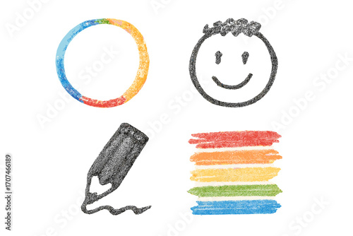 Hand-drawn crayon sketch set. Charcoal doodle collection. Vector illustration with pencil texture. Includes rainbow circle, color strokes, smiley face and drawing pencil.