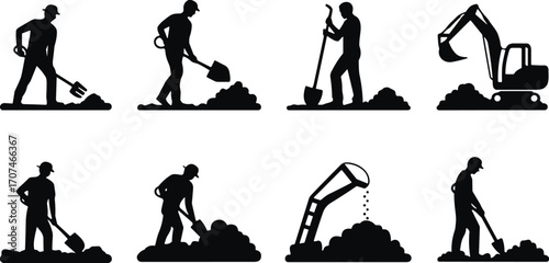 Construction silhouette, excavation activity, digging worker, shovel action, earth-moving scene, black vector, manual labor, machinery, dirt pile, industrial illustration