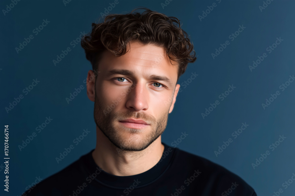 Naklejka premium Portrait of handsome young man with serious expression against blue background, modern male fashion and lifestyle concept