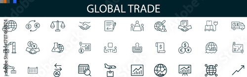Global Trade Icon Set for Shipping, Logistics, Currency Exchange, and International Business UI Design