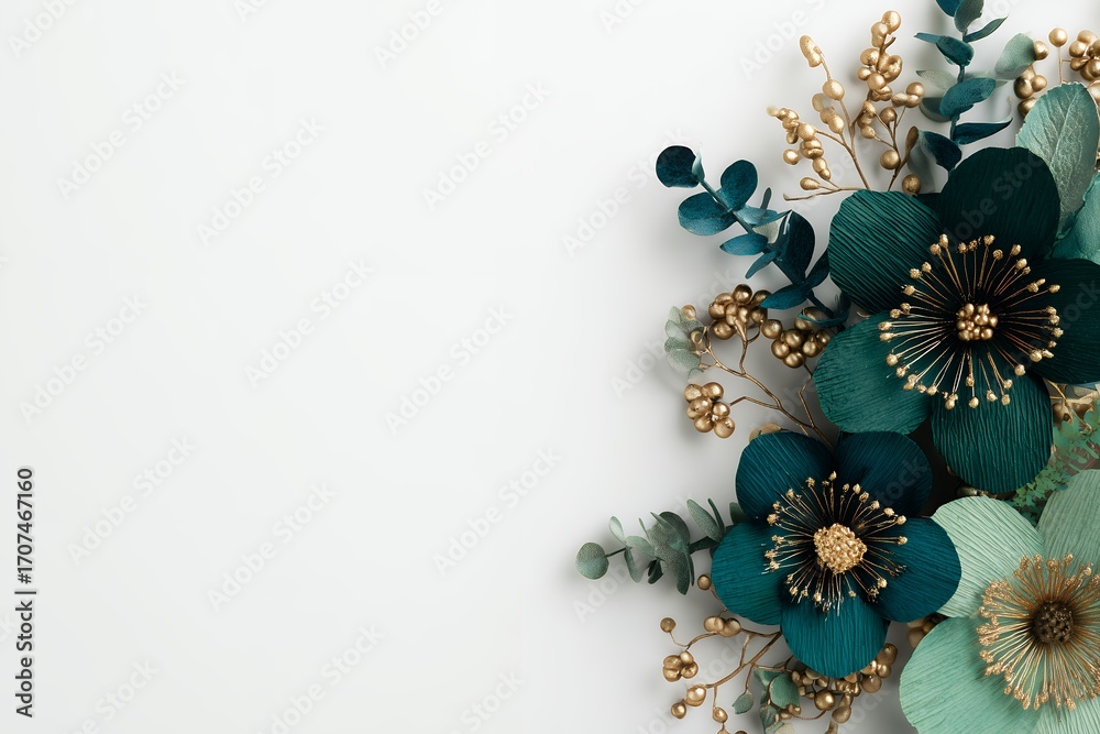 Naklejka premium Elegant crafted paper flowers in teal and gold hues arranged on a clean white surface, beautifully designed, concept for greeting cards, event invitations and sophisticated wall art decor