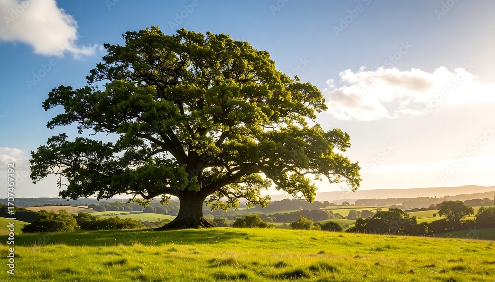 Obraz premium Majestic tree on a grassy hill under a golden sky