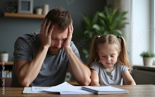 A depressed man is having headache from paying the bills form home while his daughter is playing careless. High quality