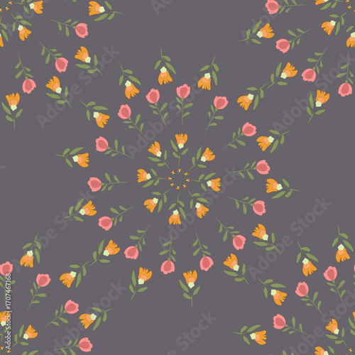 Seamless floral pattern with geometric flowers and leaves suitable for textile wallpaper and digital design.