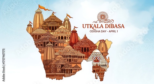Utkala Dibasa Odisha Day celebration with temples and Lord Jagannath on India map.