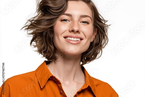 A confident young woman with freckles and a short bob smiles genuinely at the camera against a clean white studio background