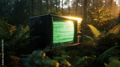 A slow, cinematic zoom on a retro television with a glowing green glitch screen, abandoned and overgrown in a dark, moody forest