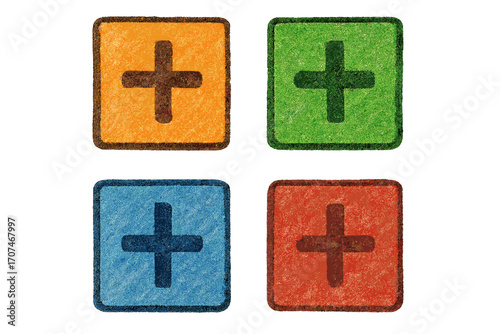 Hand-drawn plus sign buttons set. Colorful crayon sketch icons for adding, more, or positive concepts. Vector illustration of add symbols in orange, green, blue, and red colors.