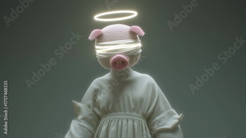 A mysterious, blindfolded figure with a pig's head and a gently blinking, glowing halo, presented in a surreal and ethereal style