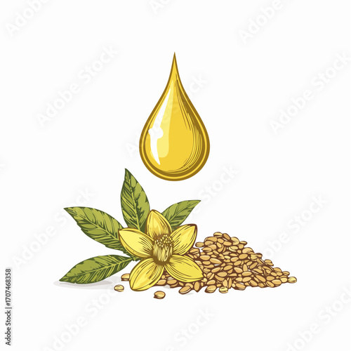 Golden drop of natural essential oil, derived from nutrient-rich seeds and a flowering plant, symbolizing organic health and natural beauty ingredients