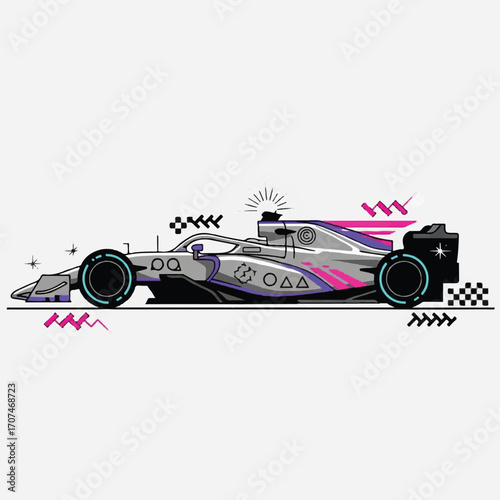 Stylized side profile illustration of a modern Formula 1 race car with vibrant pink and purple accents and abstract geometric patterns.