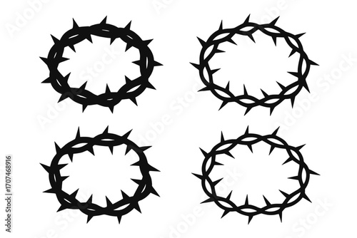 Crown of thorns vector icon set. Symbol of the passion of Jesus Christ, crucifixion, and suffering. Religious silhouette sign for Easter and Lent. Faith and sacrifice concept.