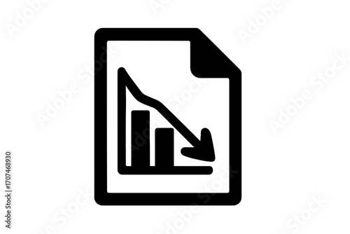 Business report icon with loss chart symbol. Financial crisis, economic recession pictogram. Decrease document, market fall graph. Down arrow, decline statistics vector.