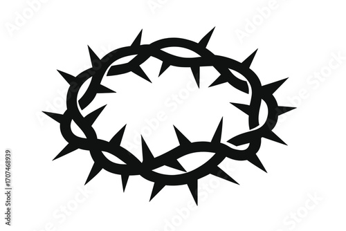 Crown of thorns silhouette. Christian religious symbol of the passion of Jesus Christ. Metaphor for suffering, sacrifice, crucifixion, and death. Easter, Lent, and faith concept.