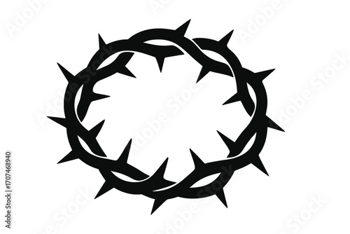 Crown of thorns silhouette. Symbol of the passion of Jesus Christ, his suffering, crucifixion. Religious Christian icon for Easter, Good Friday, Lent. Biblical sacrifice.