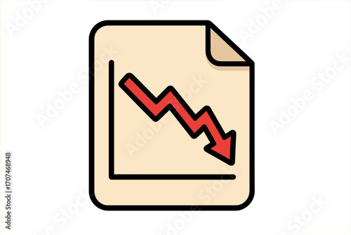Document with loss chart vector icon. Financial crisis and market crash concept. Declining graph, economy recession symbol. Business failure report. Red arrow down showing decrease.