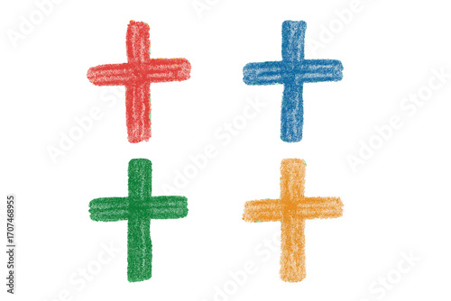 Set of colorful cross symbols in red, blue, green, and orange. Hand-drawn Christian religious sign. Faith concept illustration. Vector chalk or charcoal doodle collection.