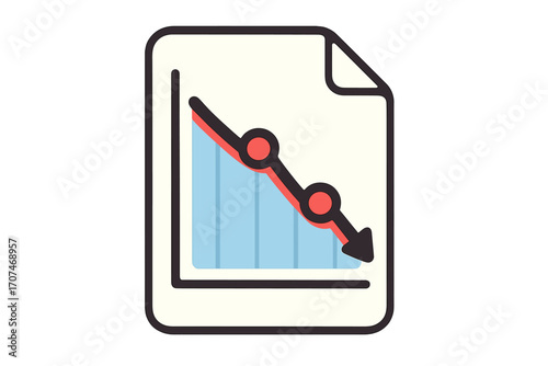 Document with loss chart icon. Business report showing decreasing graph. Financial crisis, economy recession concept. Stock market crash symbol. Decline diagram with down arrow.