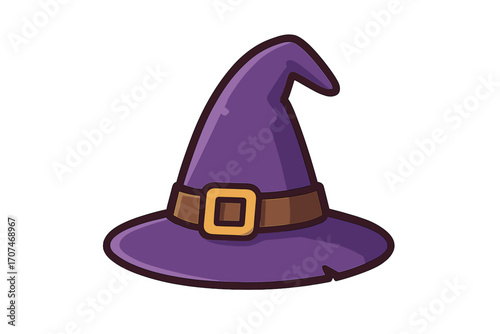 Witch hat vector illustration. Purple wizard cap in cartoon flat style. Halloween costume accessory icon. Magic fantasy symbol for spooky holiday design on transparent background.