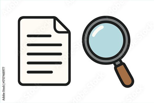 Document icon with magnifying glass. Search and analysis concept. Business data review, audit, and inspection. Researching information. File investigation, contract check.