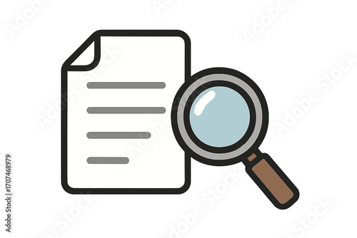 Magnifying glass over document icon. Search, data analysis, audit, review, inspection concept. Vector illustration for research, contract examination, and finding information.
