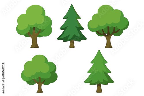 Vector collection of green trees. Cartoon forest, park, and wood icon set. Simple flat illustration of pine and deciduous trees. Natural plant and foliage graphic elements.