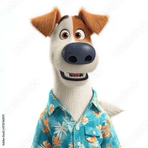 A cheerful 3D animated dog character in a Hawaiian shirt smiles broadly and laughs, perfect for summer, vacation, and fun themes