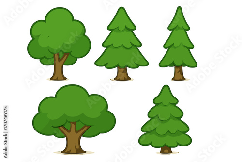 Cartoon green tree vector set. Collection of flat forest, park and wood icons. Different plants, fir, pine and oak symbols isolated on white background for nature design.