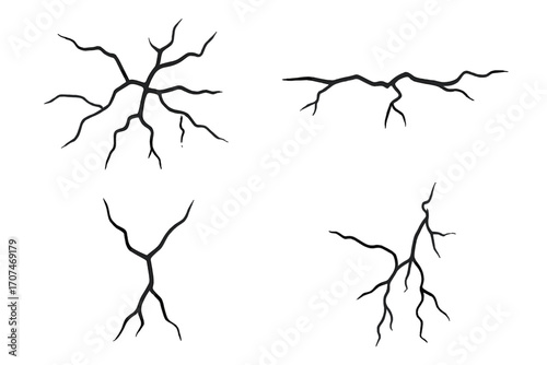 Ground cracks vector set. Damaged wall texture illustration. Cartoon earth fractures and splits from an earthquake or drought. Broken surface, concrete, or glass effect. Rift.