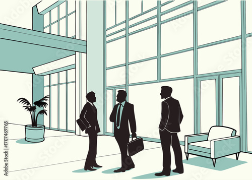 Three businessmen in suits conversing in a modern lobby with large windows and a potted plant near a chair created with generated ai