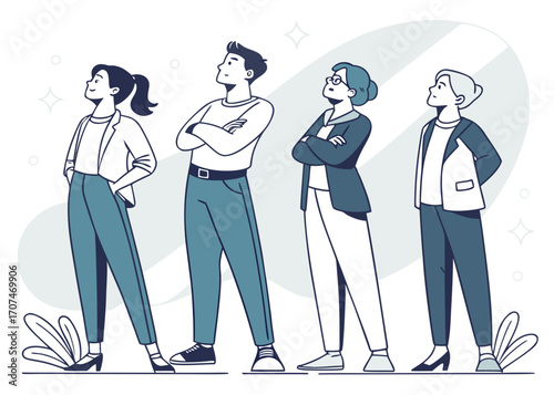 Group of diverse professionals standing confidently looking up with arms crossed in a vector illustration created with generated ai