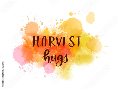 A colorful watercolor splash with the words 'Harvest hugs' in the center. Thanksgiving holiday concept. Handwritten modern calligraphy text