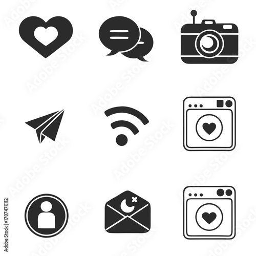 Illustration of social media icons including heart, camera, message, wifi, and paper airplane icons created with generated ai