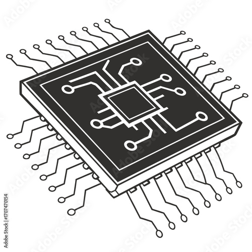 Illustration of a black and white computer chip with multiple pins and internal circuit connections design created with generated ai