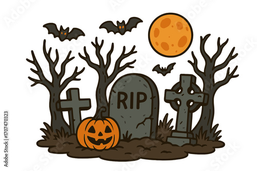 Halloween spooky graveyard scene with a jack-o-lantern pumpkin. Creepy cemetery with tombstones, bats, and a full moon. Vector cartoon horror night illustration concept.