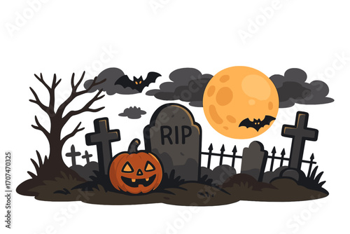 Halloween background with graveyard and pumpkin. Spooky night scene with full moon, bats, and tombstones. Cartoon vector illustration for horror or celebration design. RIP.