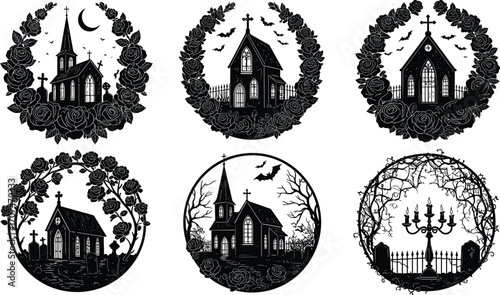 gothic, church, chapel, graveyard, rose, bat, moon, cross, candle, candelabra, spooky, floral, architecture, cemetery, vector, black, white, eerie, vintage, design