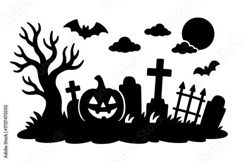 Halloween spooky cemetery silhouette with jack o'lantern pumpkin. Scary night landscape with graves, tombstones, bats and full moon. Horror graveyard vector set for design.