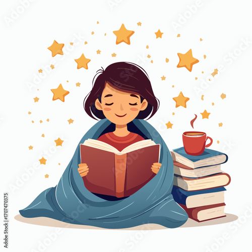 Cartoon-style vector of a book lover reading under a blanket with a cup of coffee, surrounded by floating books and stars, cozy and peaceful vibe