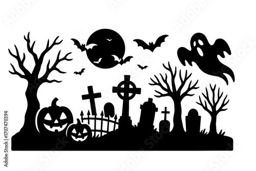Halloween spooky cemetery silhouette banner. Scary graveyard scene with ghost, pumpkins, bats, and moon. Horror night landscape vector illustration for decoration or design.