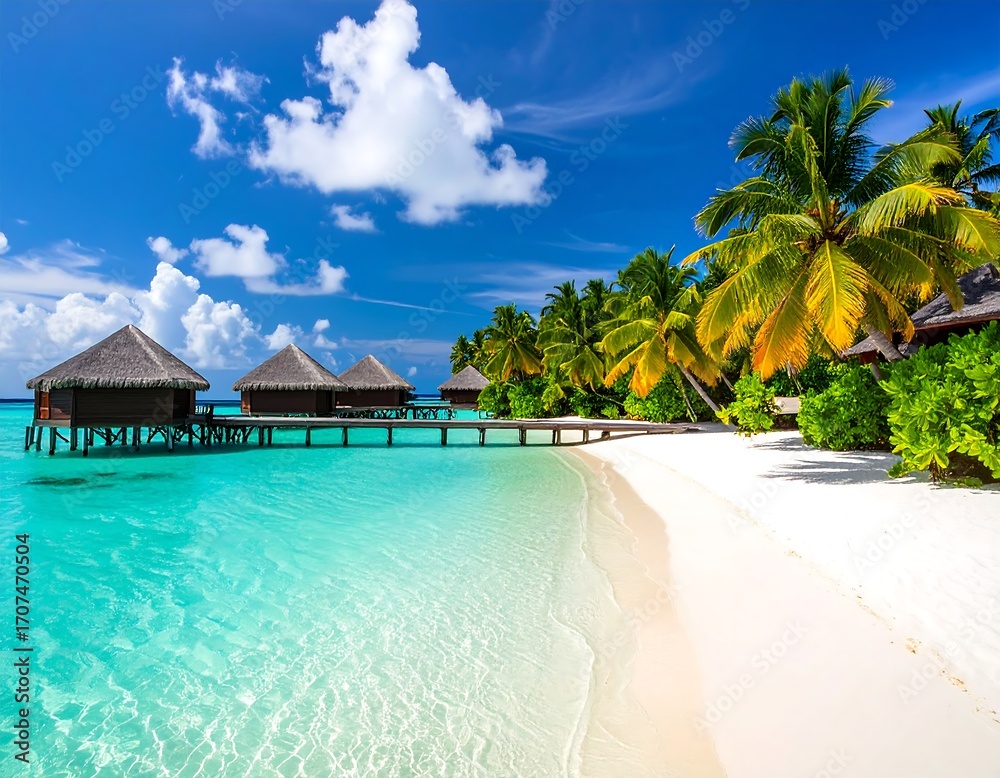 Obraz premium Tropical beach resort with overwater bungalows (1)